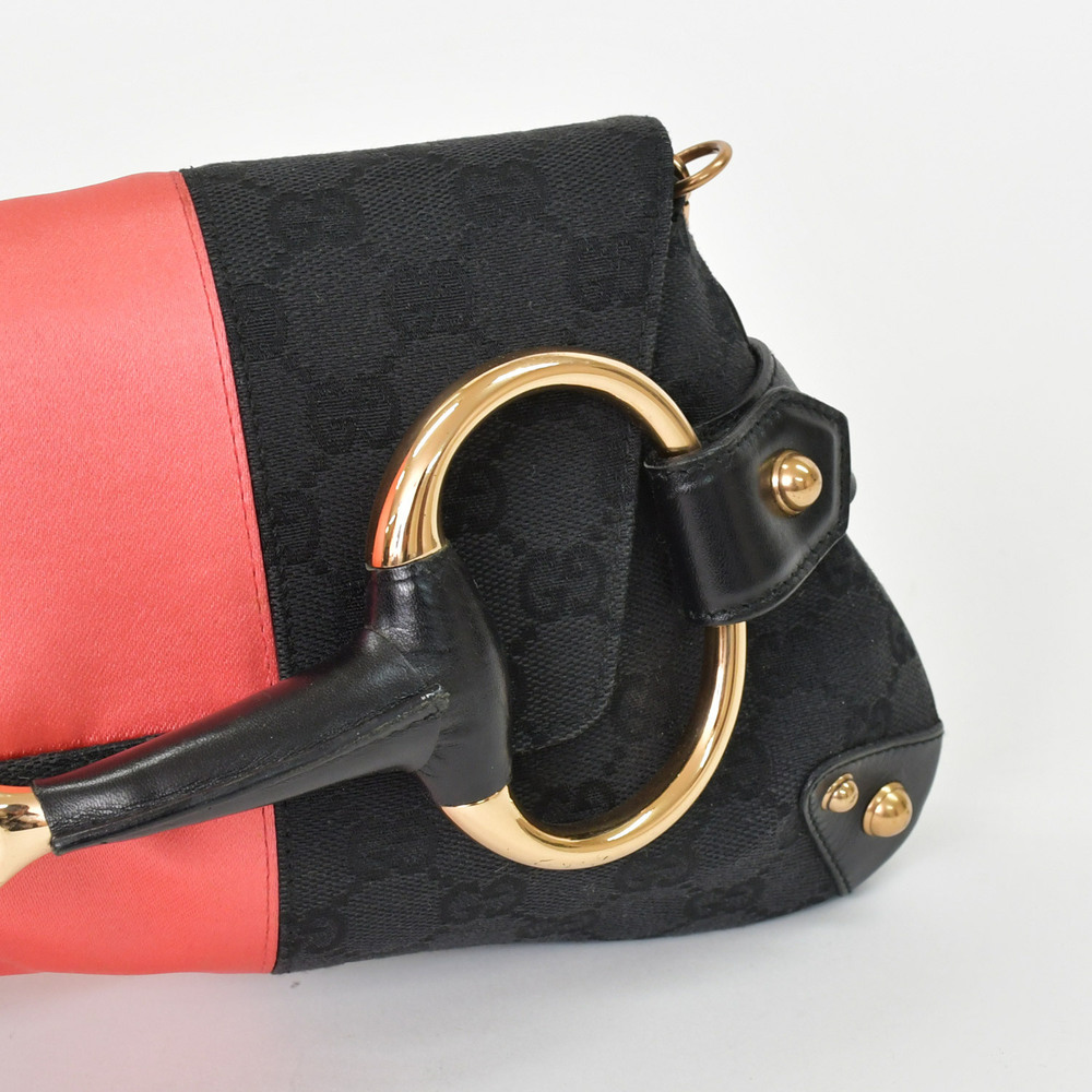 GUCCI One Shoulder Hobo Bag Black Pink GG Canvas Leather - Picture 8 of 10